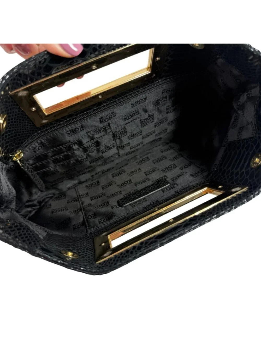 MICHAEL KORS - Berkeley Clutch Bag Black Snakeskin Pattern Patent Leather Gold